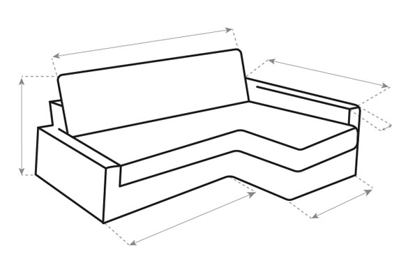 Schema voor hoekbank opmeten met lange zijde, korte zijde, zitdiepte, rughoogte en chaise longue meting