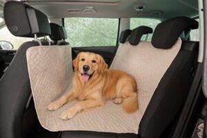Golden retriever op beige honden autodeken in auto