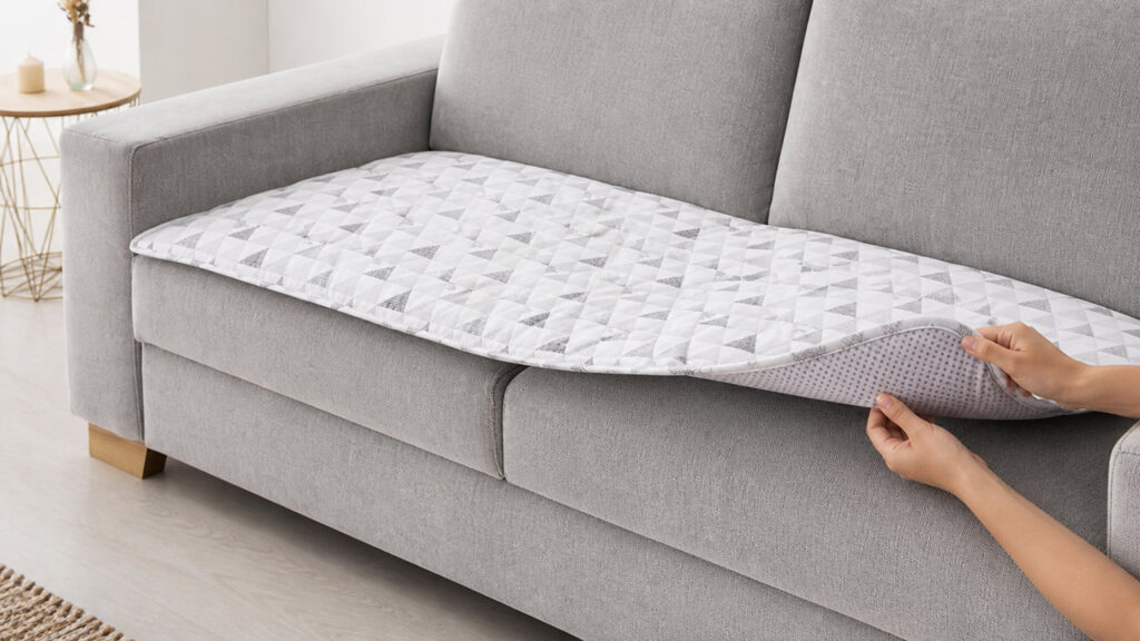 Handen tonen de antislip onderzijde van een banktopper op een grijze bank