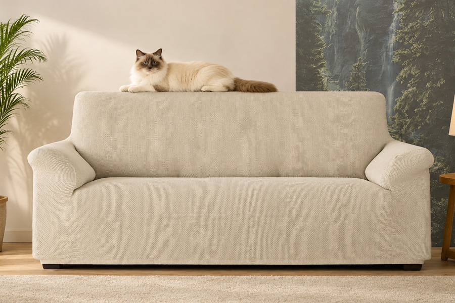Beige stretch bankhoes met Ragdoll op de rugleuning